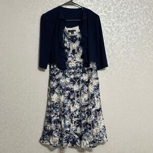 R & M Richards Sleeveless Dress & Jacket‎ Set Blue & White Floral Overlay Sz 10